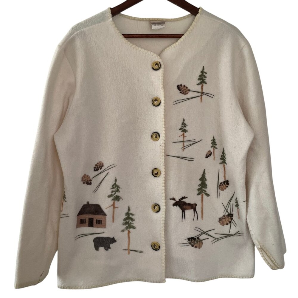 Vintage Artisans Fleece Cardigan Sweater L Cream Novelty Cabin Tree Forest Print